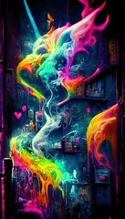 Abstract smoke multicolored on black background. A wall splattered with colored paint, surrounded by colored smoke. Perfect for phone wallpaper or for posters