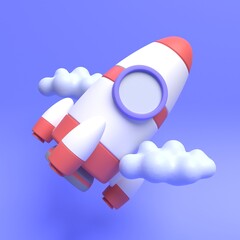3d Rocket ship in space around the clouds with blue background. 3d render illustration