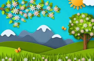 Wandcirkels tuinposter Spring nature landscape scenery poster paper cut style. Vector illustration. Summer day poster, clouds, blooming tree, mountain, butterfly. Outdoor modern cartoon concept, village countryside scene © kotoffei