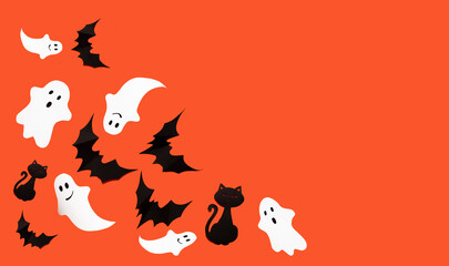 Halloween photo of black bats, ghost on blank orange background. Halloween decoration