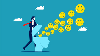 Businessmen spread optimism. smiley face icon floats out of his head vector