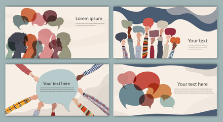 Editable template. Poster. Silhouette heads group of international people talking. Diversity people.Speech bubble. Communication. Communicate on social networks. Racial equality. Ethnicity