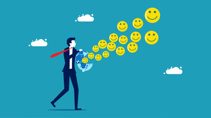 optimistic businessman. smiley face icon floats from the globe. vector