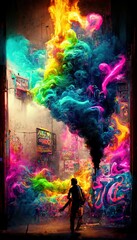 Fototapeta na wymiar Abstract smoke multicolored on black background. A wall splattered with colored paint, surrounded by colored smoke. Perfect for phone wallpaper or for posters