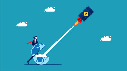 World oil. Businessman launching an oil tank rocket. vector illustration