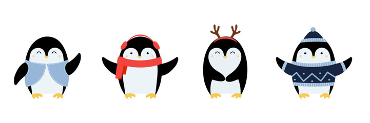 Set of cute hand drawn penguins with accessories. Cartoon character for winter Christmas design. Isolated vector illustration 