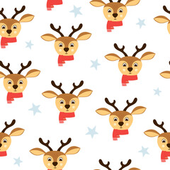 Seamless pattern of cute deer head with red scarf. Background for Christmas design. 