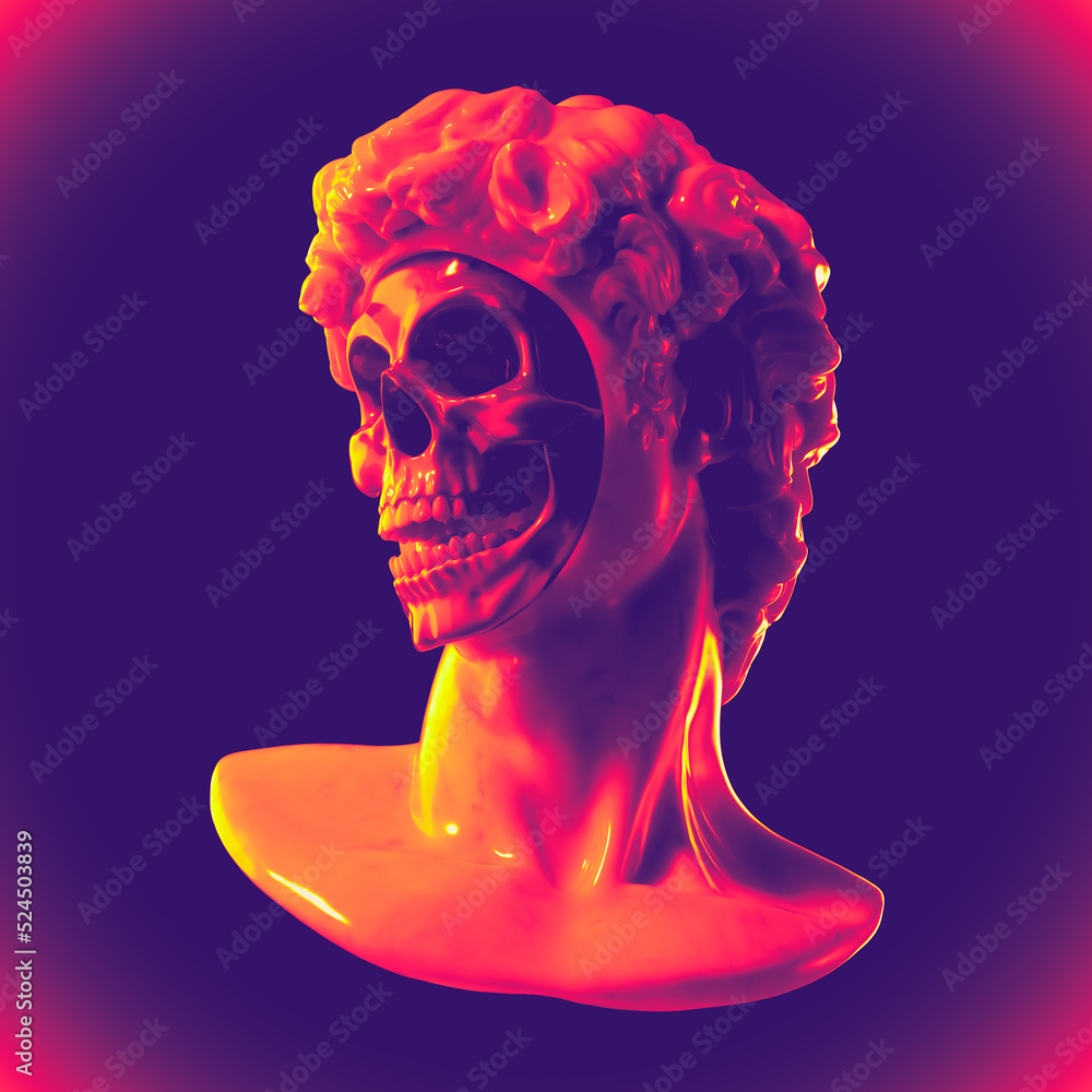 Poster abstract digital illustration from 3d rendering of a classical white marble head bust with missing f