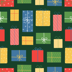 Christmas and New Year seamless pattern. Colorful gift boxes on green background. Doodle style.