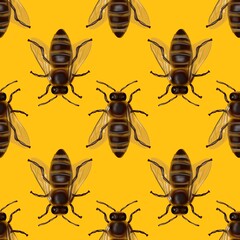 Realistic seamless pattern of honey bees. Watercolor background of bees