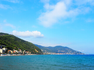 Fototapeta na wymiar View of the historic resort cities of Laigueglia and Alassio, famous cities on italian Riviera, Alassio, western Liguria, Italy