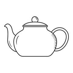 Outline teapot doodle. Hand drawn silhouette of vintage kettle. Teatime vector item isolated on white. Black line tea ceremony object