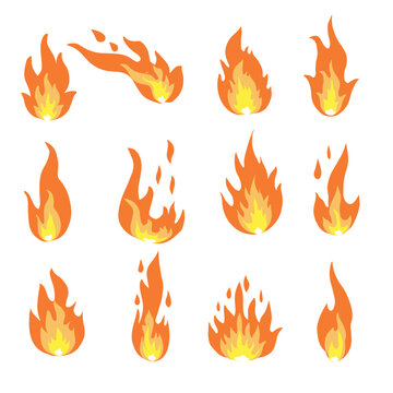 Flame fire icons in cartoon style. Flames of different shapes. Set of fiery, fiery symbols.Vector illustration.