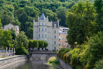 Fototapeta na wymiar Karlovy Vary, Czech Republic - August 6, 2022, Hotel Pavlov in the old town of Karlovy Vary.