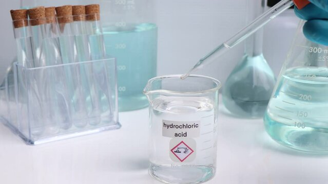 Hydrochloric acid in glass, chemical in the laboratory and industry