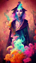Fototapeta na wymiar A portrait of a wizard in an unusual neon style in the middle of swirling smoke. A colorful and vivid image of a wizard. The concept of magic and miracles. Perfect for phone wallpaper or for posters.