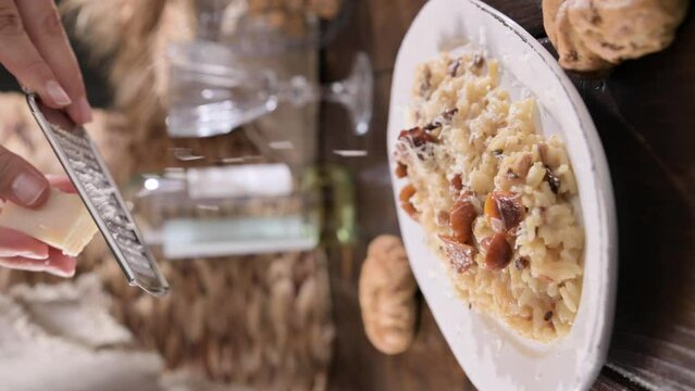 risotto with porcini mushrooms. Risotto with porcini mushrooms.Typical Italian food white rice with mushrooms in parmesan sauce. Antipasto for dinner. High quality 4k footage