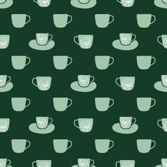 Green cups, white flowers seamless pattern print background.