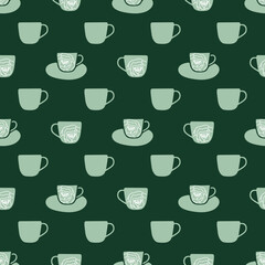 Green cups, white flowers seamless pattern print background.