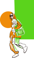 Vector illustration of a girl and a dog, street style, sketch - 524505471