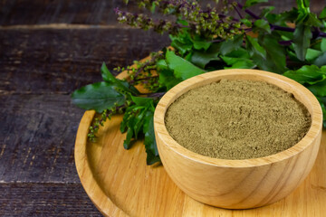 Obraz na płótnie Canvas Holy basil powder on wooden bowl with branch on rustic wooden background. Holy basil leaf are useful herbs and food ingredient has a spicy flavor. 