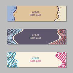 Set of 3 abstract vector banner templates. Banners with geometric elements, shapes, wavy smooth forms, wavy stripes. Place for text. Vector color illustration.