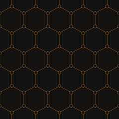 Seamless hexagons vector pattern. Honeycomb abstract geometric background. Hexagons and small circles. Stylish geometric pattern. Orange hexagons, isolated on black background.