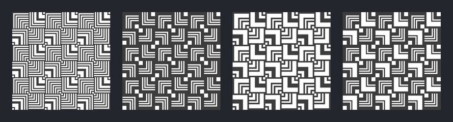 Set of four seamless vector patterns. Abstract geometric trendy vector pattern collection. Modern stylish textures, geometric tiles with striped elements. Black and white vector backgrounds.