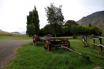Fototapeta na wymiar Abandoned ox-wagon or bullock wagon is a four-wheeled vehicle pulled by oxen. It was a traditional form of transport, especially in Southern Africa but also in New Zealand and Australia. 