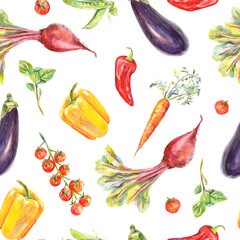 Watercolor vegetable seamless pattern with bell pepper, chilli, basil, tomatoes, eggplant, beetroot, carrot. Art for kitchen textile, fabric, prints, cases, napkin.