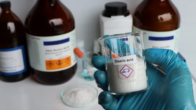 stearic acid in glass, chemical in the laboratory and industry