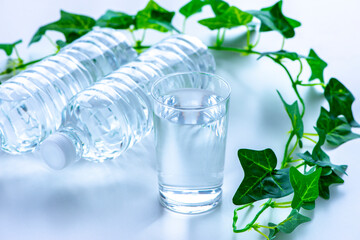 テーブルに置いたコップとペットボトル
