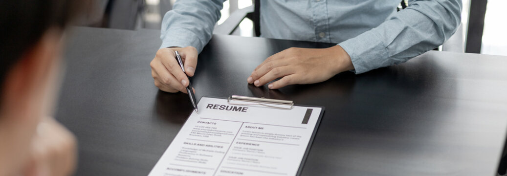 Employer or HR department is reading the resume and interviewing the ability of new employees, job interview with applicants, Using psychology in job interviews, Employment and Recruitment Concept.