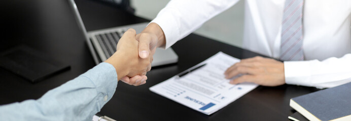 Employer or HR department welcomes new employees, Shaking hands with congratulations or achieving business and income success, selection of new staff representatives, Qualified, Hand shake concept.