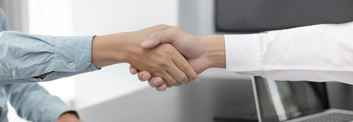 Employer or HR department welcomes new employees, Shaking hands with congratulations or achieving...