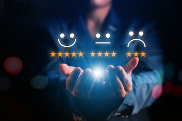 Satisfaction concept of business people showing emoticons. Assess your satisfaction with the goals...