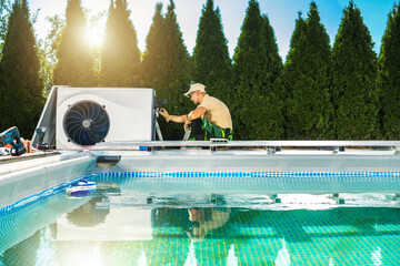 Swimming Pool Heat Pump Installation Performed by Professional HVAC Technician - Powered by Adobe