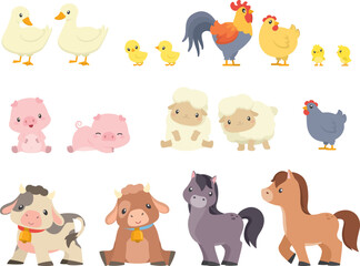 Set of cute kawaii-style farm animals in different poses: horse, cow, chicken, sheep, pig, rooster, duck, chick, duckling © Kristina Jovanovic