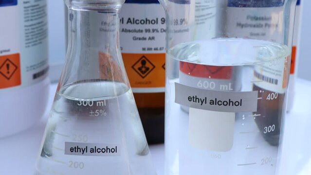 ethyl alcohol, a chemical used in laboratories and flammable