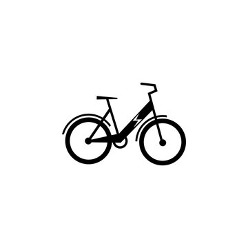 Electric bike icon. Electro transport logo. Bicycle silhouette with lightning symbol. Flat vector illustration