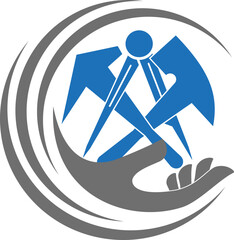 Hand und Dachdeckerwerkzeuge. Dachdecker, Handwerker, Logo, Icon, Button.