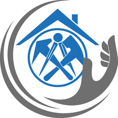 Hand und Dachdeckerwerkzeuge. Dachdecker, Handwerker, Logo, Icon