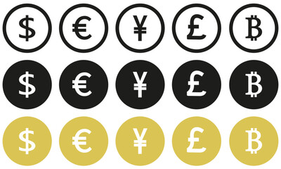 Icons dollar, pound, euro, yuan, bitcoin. Internet flat icon symbol for applications. eps10