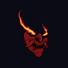 Oni Traditional Japanese Demon Mask with Fire in Eyes Illustration. Mask Designs for T-shirts, Tattoos, Stickers, Gaming Logos or Posters