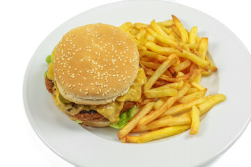 burger et frites  en gros plan dans une assiette