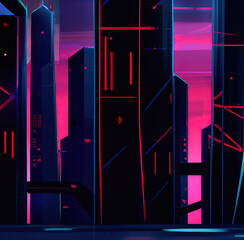 Cyberpunk futuristic city 3D illustration. Neon light and skyscrapers. Gaming conceptual tech design. Night and dark colors. Art for print on poster, card, canvas, cover, banner.