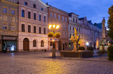 Swidnica. Old medieval market square and colorful houses at dawn.
