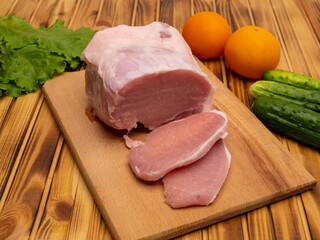 Fresh raw pork meat close-up. Preparing for frying. Pork steak.