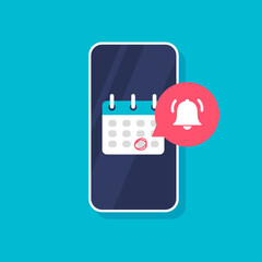 Calendar deadline or event reminder notification on a smartphone screen. Highlighted date on it. Event or selected important day in phone. Vector illustration isolated on blue background.