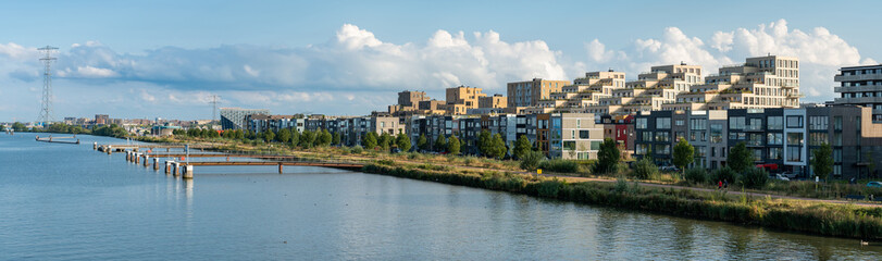 Panorama of Zeeburgereiland and Sportheldenbuurt, a modern residential areas on the east side of Amsterdam